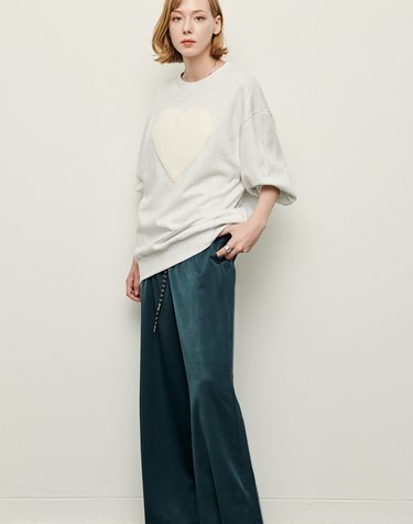 Knit trimming Silky pants-Royal green