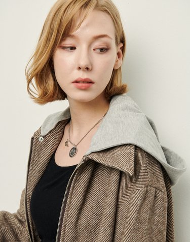Detouchable hood Zip up coat - brown herringbone