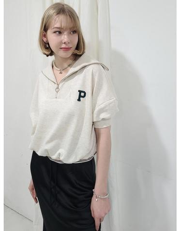 집업 칼라 (반소매) 스웻셔츠-오트밀 Zip up Collar shot sleeves sweat shirt