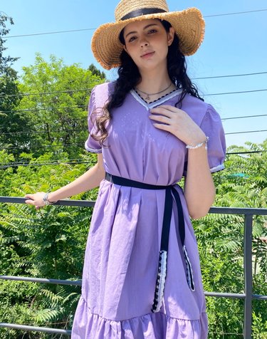 퍼플&블랙 트리밍 (벨트셋트)페미닌 캐쥬얼 드레스(퍼플) Purple & Black Belted dress