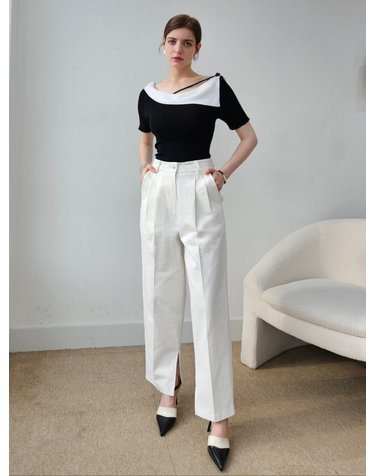 밑단 슬릿 포인트 2턱 화이트팬츠 white wide pants