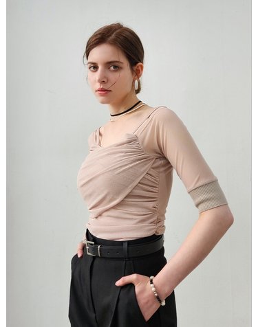 메쉬 슬리브 셔링 탑(블랙/베이지)mesh shirring top