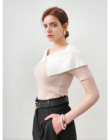 케이프스타일 칼라 니트탑-베이비핑크 Cape collar Knit top