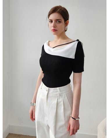 스트링포인트 페미닌카라 니트탑 string point collar Knit top