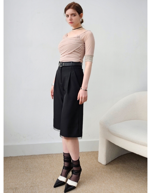 프리톤 메쉬 슬리브 셔링 탑(블랙/베이지)mesh shirring top 착용컷