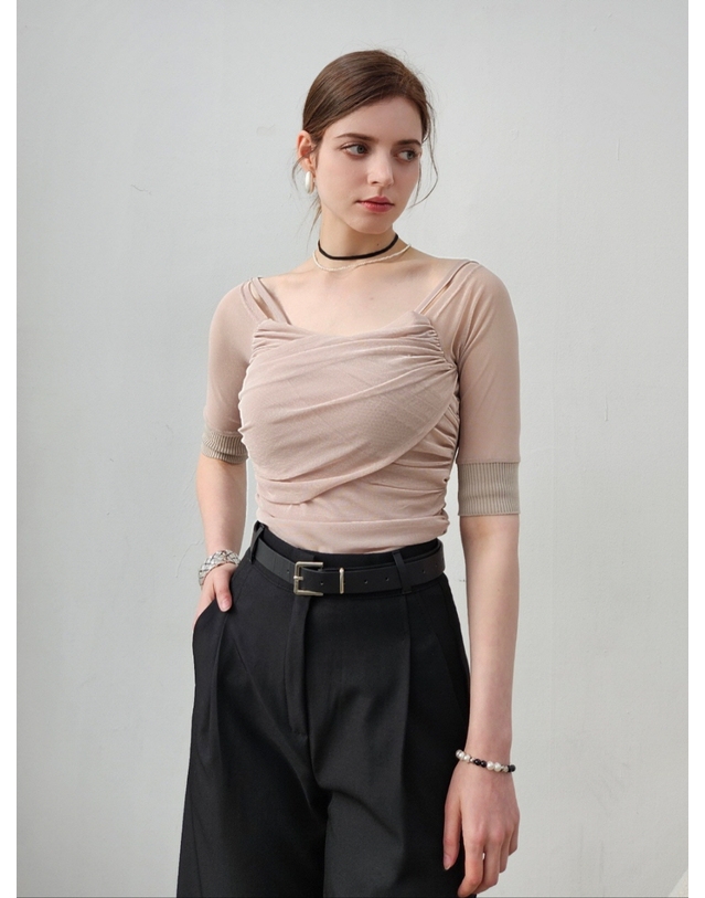 프리톤 메쉬 슬리브 셔링 탑(블랙/베이지)mesh shirring top 착용컷