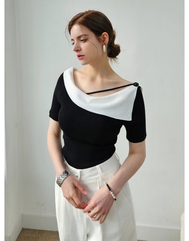 프리톤 스트링포인트 페미닌카라 니트탑 string point collar Knit top 착용컷