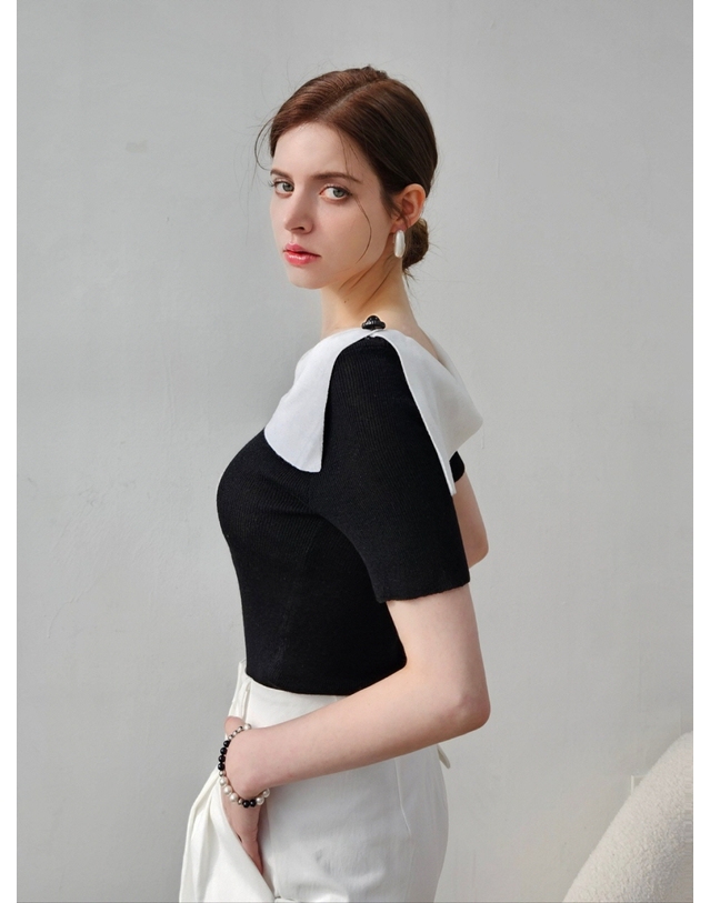 프리톤 스트링포인트 페미닌카라 니트탑 string point collar Knit top 착용컷