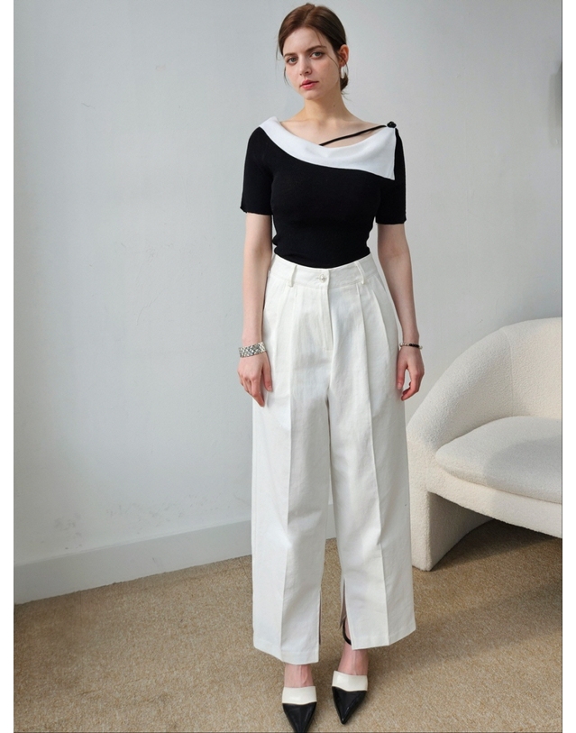 프리톤 스트링포인트 페미닌카라 니트탑 string point collar Knit top 착용컷