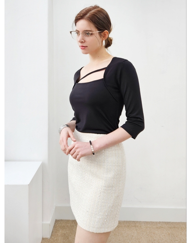 프리톤 스트링 포인트 스퀘어넥 탑 string square neck top 착용컷