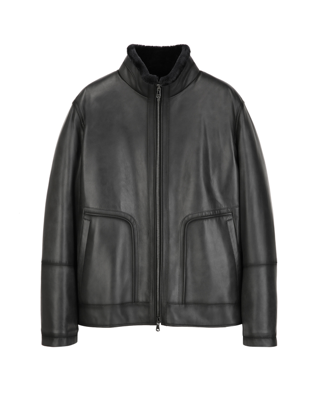 알레그리 블랙 《Premium Leather》 양가죽 스탠드 칼라 무스탕 차콜 그레이 착용컷