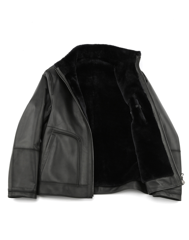 알레그리 블랙 《Premium Leather》 양가죽 스탠드 칼라 무스탕 차콜 그레이 착용컷