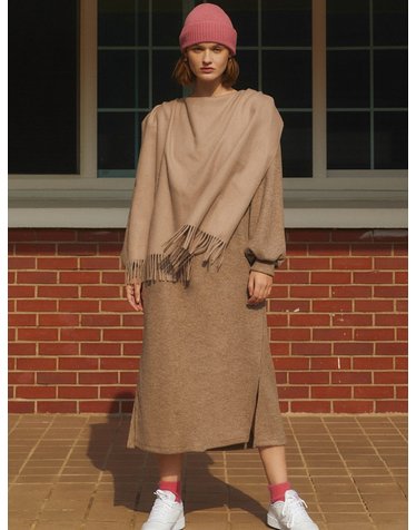 CAPE SCARF LAYERED KNIT DRESS_GRAY