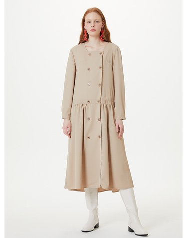 SQUARE NECK DOUBLE BUTTON DRESS (BEIGE)