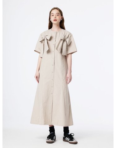RIBBON POINT GORED FLARE SHIRT DRESS (BEIGE)