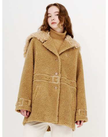 BELT EMBROIDERY SAILOR ECO FUR COAT(YELLOW BEIGE)