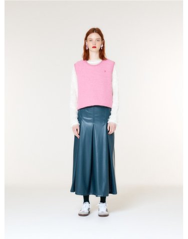 ECO-LEATHER PLEATS LONG SKIRT(DARK GREEN)