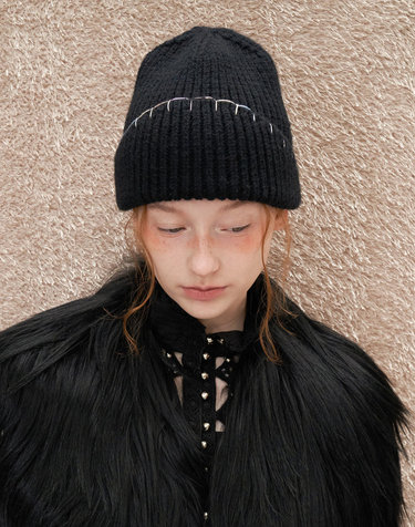 Hand Stiched Knit Beanie - Black
