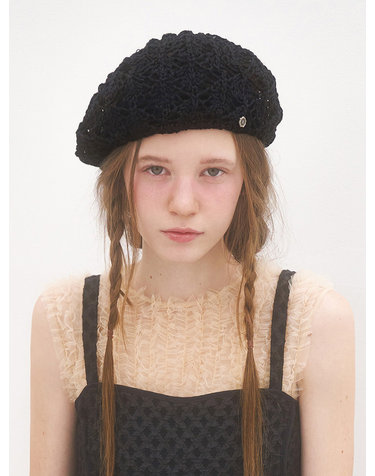 Crochet Knit Beret  - Black