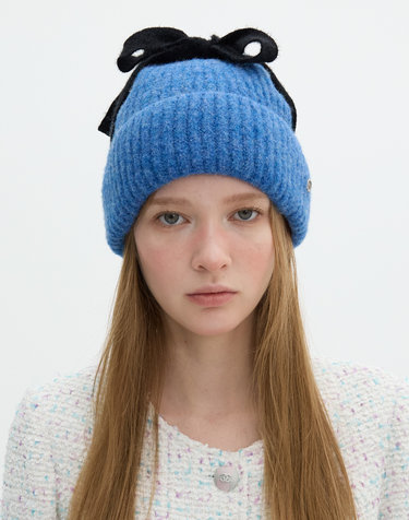Ribbon Detail Beanie - Blue