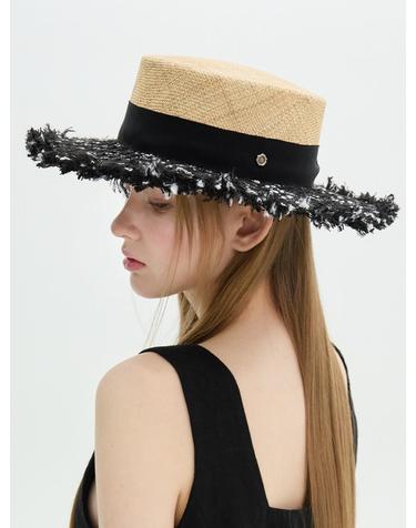Wide Tweed Boater Hat - Black