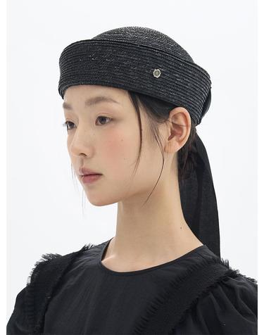 Back Ribbon Straw Beanie - Black