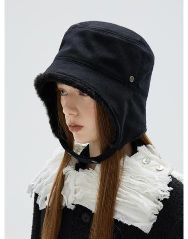 Short Brim Fur Ear Flap Cap - Black