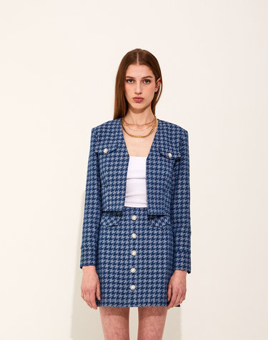 Houndstooth Denim Vneck Jacket [Deep Blue]