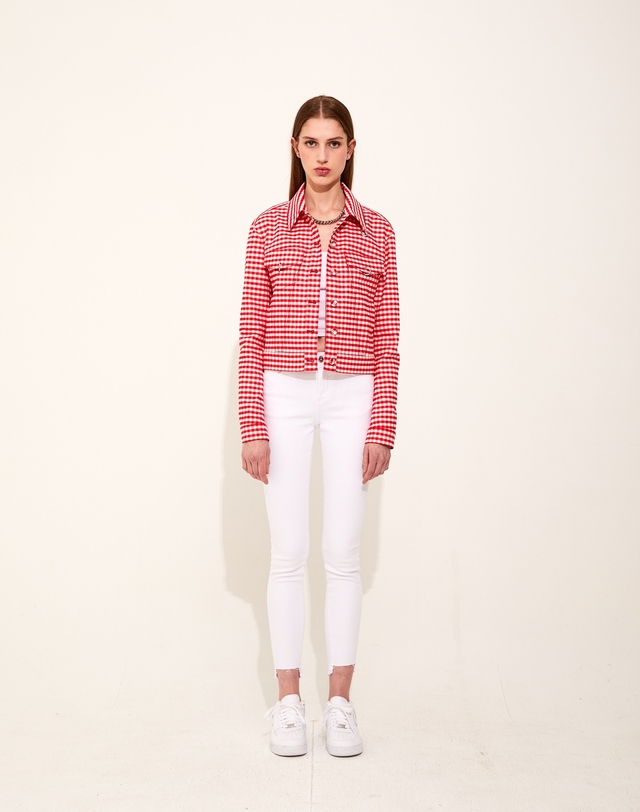 채뉴욕 [하윤경 착용] Checker Checker Denim Jacket [Baby Red] 레드 착용컷