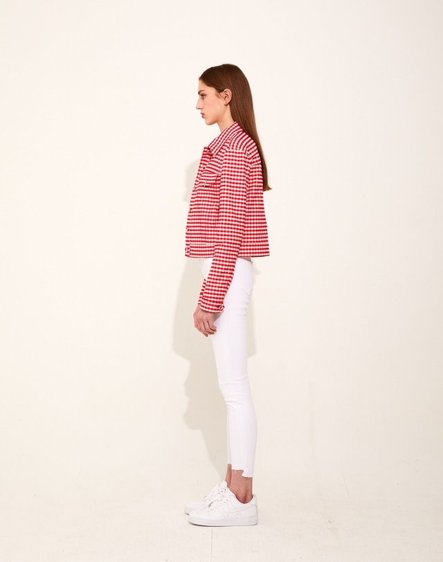 채뉴욕 [하윤경 착용] Checker Checker Denim Jacket [Baby Red] 레드 착용컷