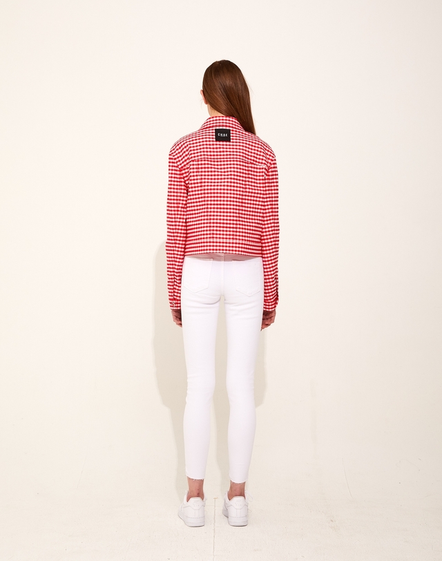 채뉴욕 [하윤경 착용] Checker Checker Denim Jacket [Baby Red] 레드 착용컷
