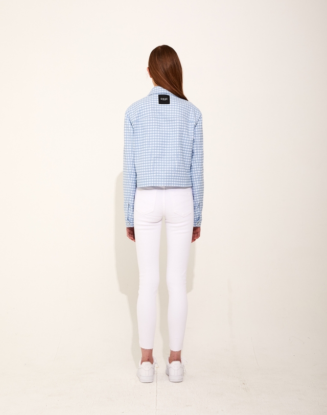 채뉴욕 Checker Checker Denim Jacket [Baby Blue] 레드 착용컷