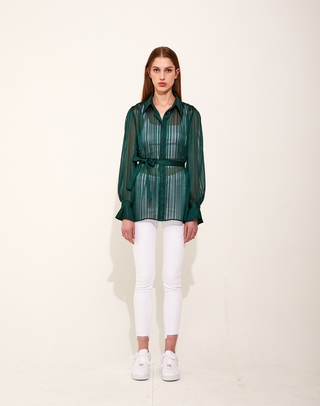 채뉴욕 Flawless Chiffon Belted Shirts [Green] 그린 착용컷