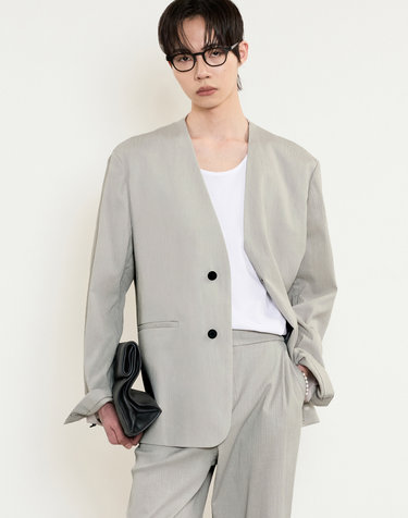 Seersucker Collarless Jacket (Light Beige)