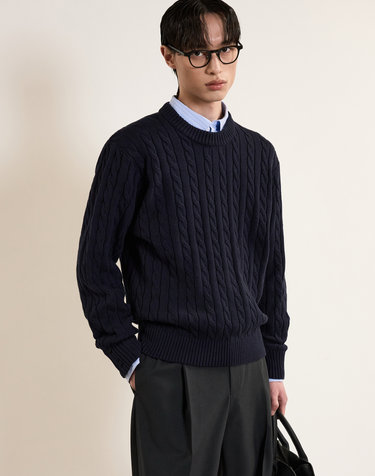 Cable Long Sleeves Knit Top (Navy)