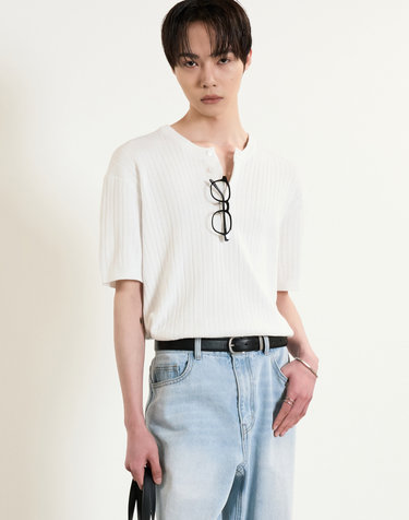Compact Henley Neck Knit Top (Off White)