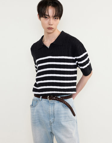 Stripe Cable Knit Top (Navy)
