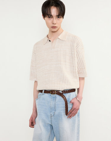 Crochet Polo Knit Top (Melange Beige)
