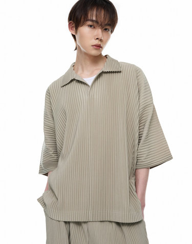 Oversized Pleats Summer Collar T-Shirt (Beige)