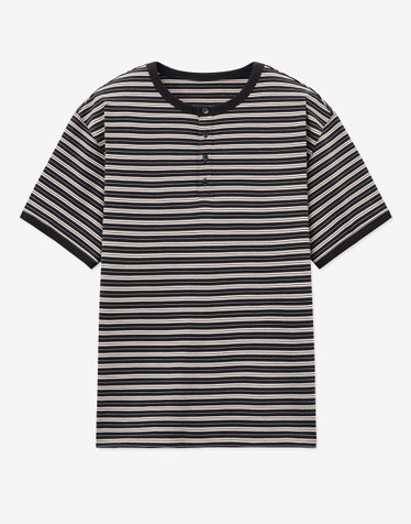 Stripe Henley Neck T-shirt (Khaki)