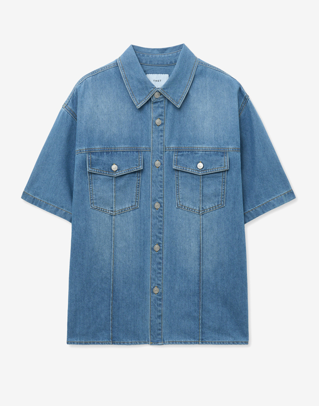 티엔지티 Denim Half Shirt (Light Blue) 블루 착용컷