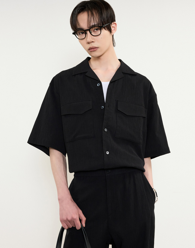 티엔지티 Seersucker Half-Sleeves Shirts (Black) 블랙 착용컷
