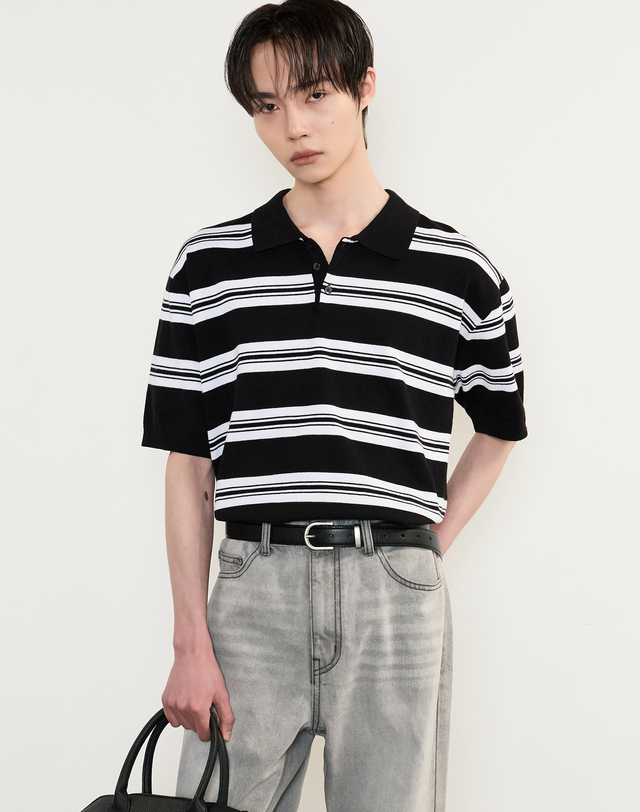 티엔지티 Stripe Polo Kint Top (Black) 블랙 착용컷