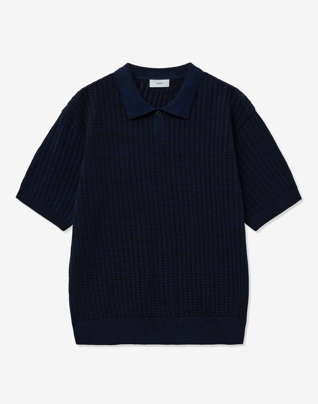 티엔지티 Crochet Polo Knit Top (Melange Navy) 네이비 착용컷