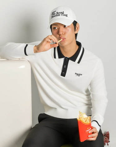 [Soft Warm] 아이보리 남성 골조직 포인트 긴팔 카라 니트
