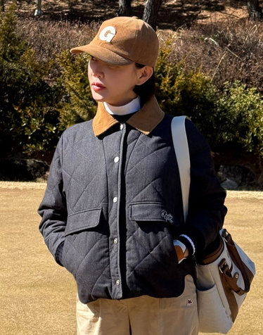 [품절임박] 블랙 여성 코듀로이 카라 포인트 데님 퀼팅 긴팔 점퍼