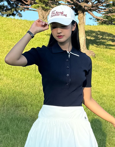 [품절임박][여신핏] 네이비 여성 에리배색 골지 포인트 반팔 니트