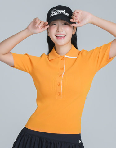 [여신핏] 딥 옐로우 여성 에리배색 골지 포인트 반팔 니트