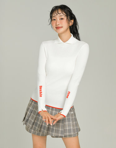 [Layering] 아이보리 여성 컬러팁 포인트 긴팔 골지 니트