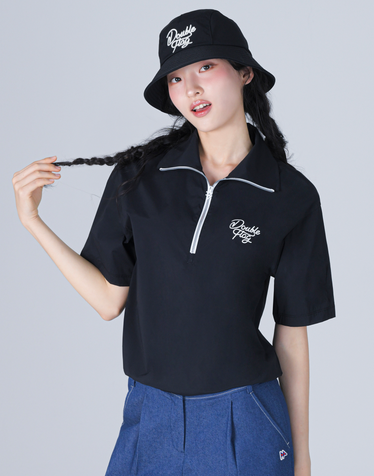 [품절임박][체형커버] 블랙 여성 반집업 반팔 아노락